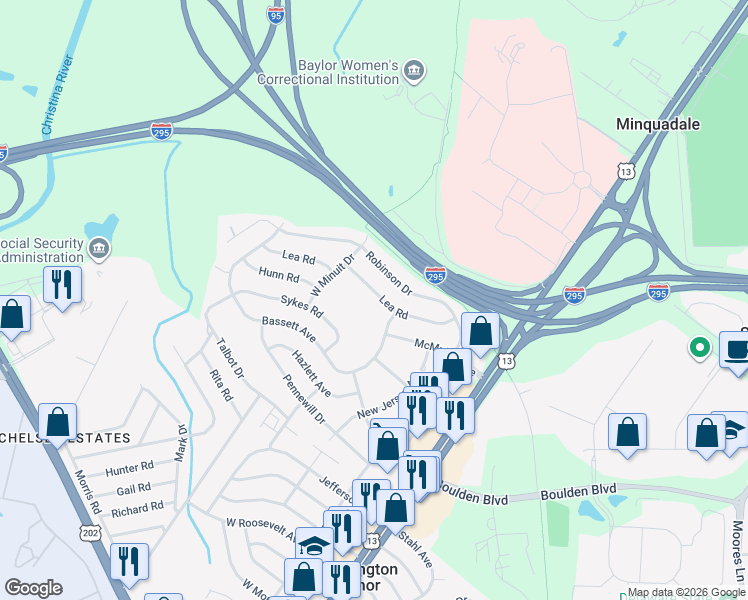 map of restaurants, bars, coffee shops, grocery stores, and more near 33 Lea Road in Wilmington Manor
