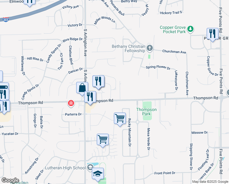 map of restaurants, bars, coffee shops, grocery stores, and more near 4923 Franklin Villas Place in Indianapolis