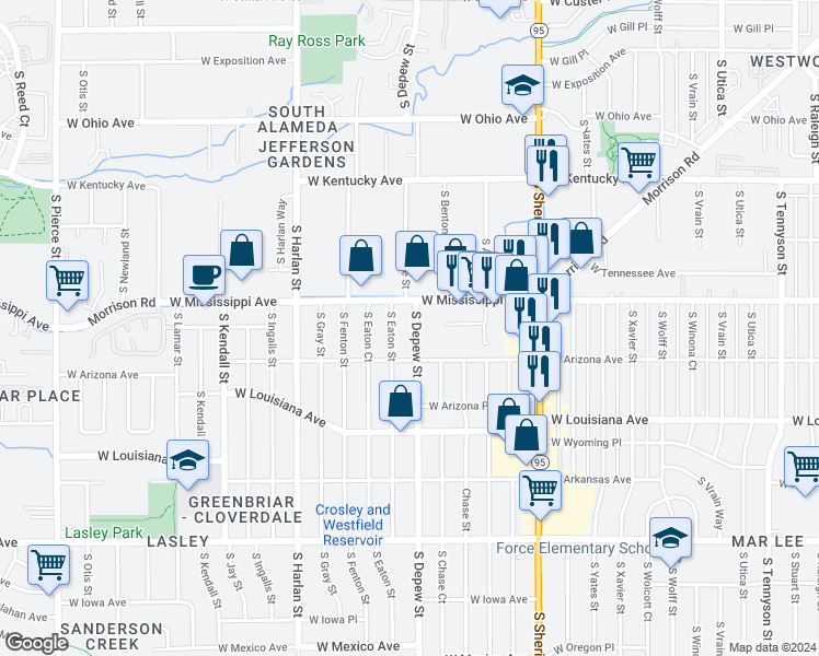 map of restaurants, bars, coffee shops, grocery stores, and more near 1145 South Depew Street in Lakewood
