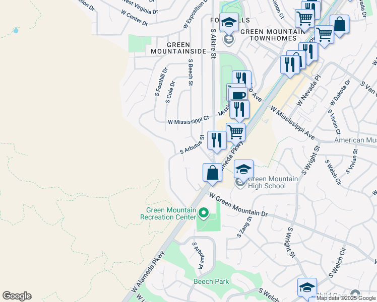 map of restaurants, bars, coffee shops, grocery stores, and more near 1132 South Arbutus Street in Denver