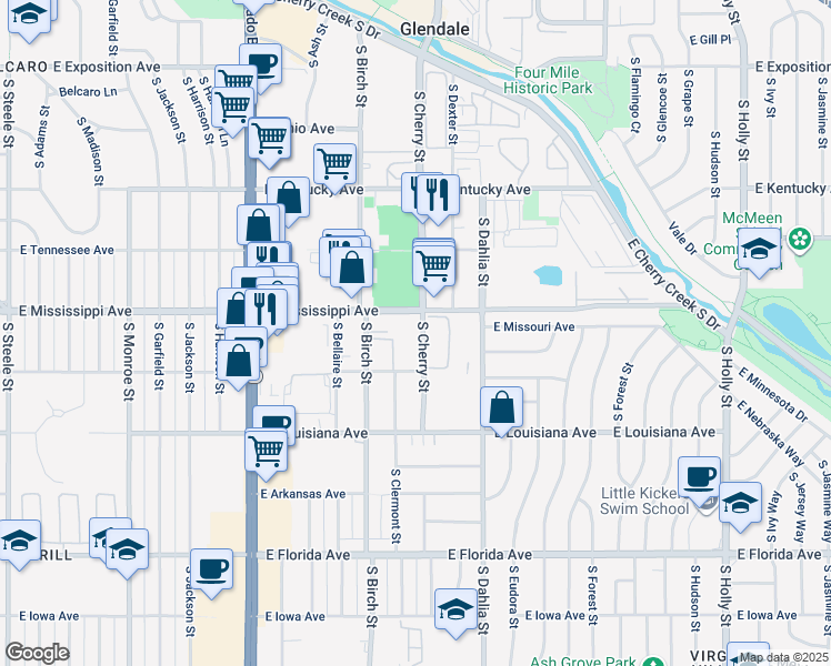 map of restaurants, bars, coffee shops, grocery stores, and more near 1105 South Cherry Street in Denver