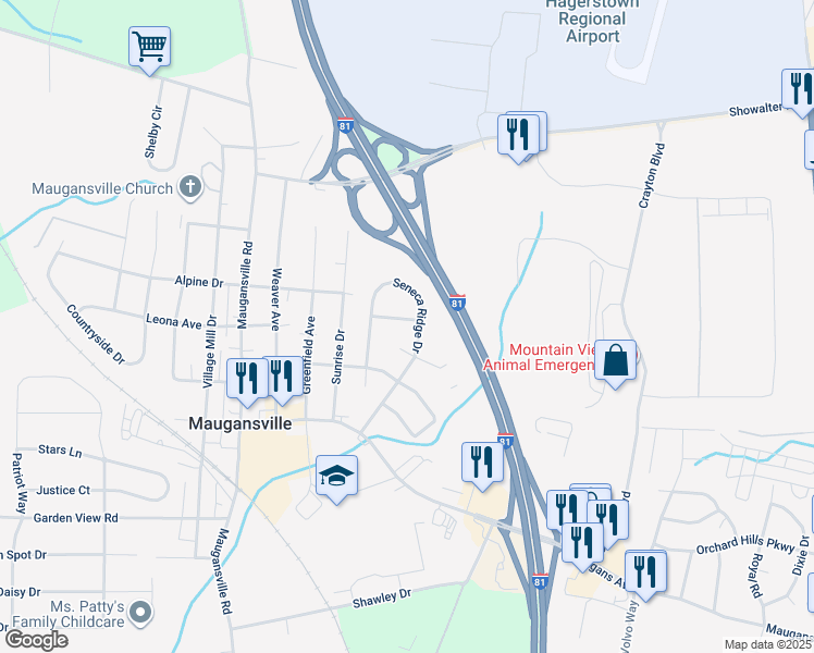 map of restaurants, bars, coffee shops, grocery stores, and more near 18123 Boxford Lane in Hagerstown