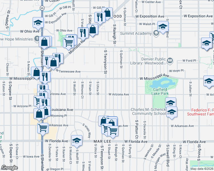 map of restaurants, bars, coffee shops, grocery stores, and more near 1140 South Tennyson Street in Denver