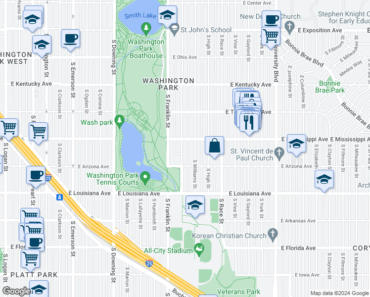 map of restaurants, bars, coffee shops, grocery stores, and more near 1130 South Gilpin Street in Denver