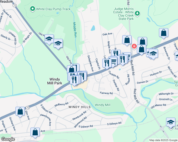 map of restaurants, bars, coffee shops, grocery stores, and more near 107-199 Orchard Road in Newark