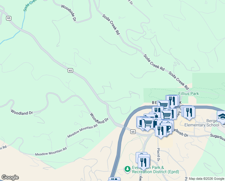 map of restaurants, bars, coffee shops, grocery stores, and more near 1086 Co Road 65 in Evergreen