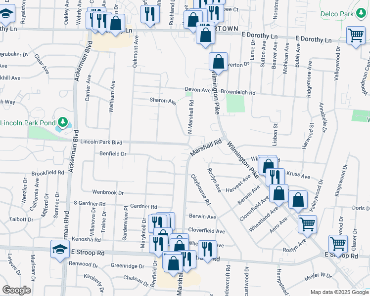 map of restaurants, bars, coffee shops, grocery stores, and more near 1274 Lincoln Park Boulevard in Dayton