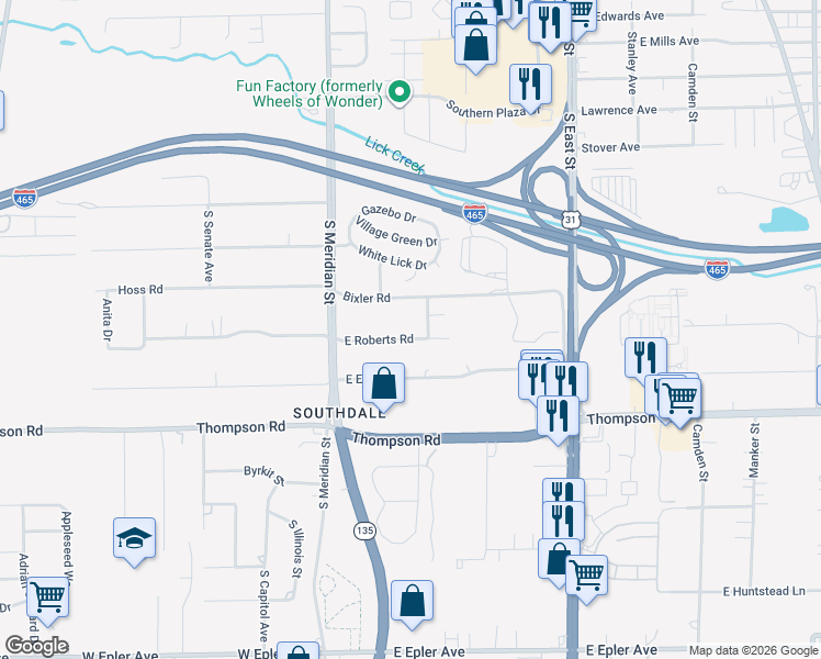 map of restaurants, bars, coffee shops, grocery stores, and more near 254 East Roberts Road in Indianapolis