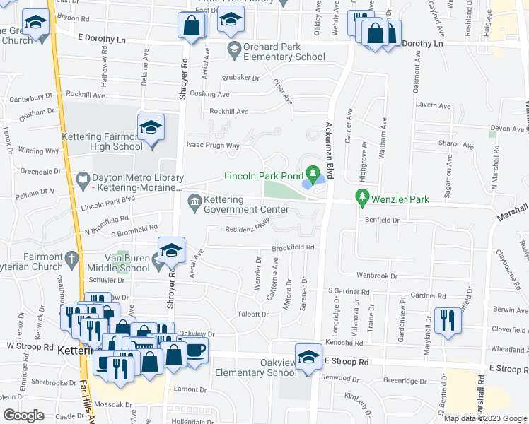 map of restaurants, bars, coffee shops, grocery stores, and more near 722 Treasury Drive in Kettering