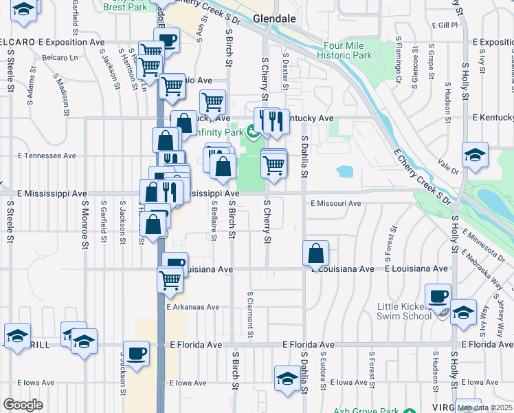 map of restaurants, bars, coffee shops, grocery stores, and more near 1105 South Cherry Street in Denver