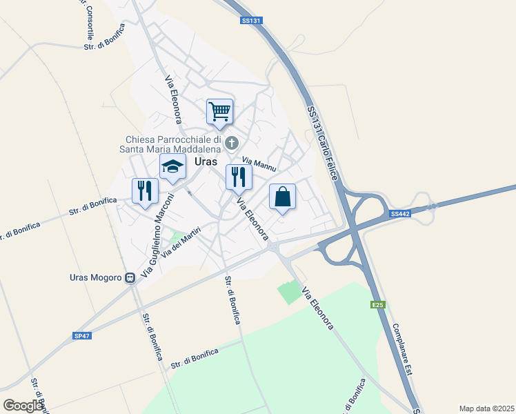 map of restaurants, bars, coffee shops, grocery stores, and more near 6 Via del Quadrifoglio in Uras