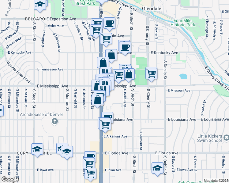 map of restaurants, bars, coffee shops, grocery stores, and more near 4100 East Mississippi Avenue in Glendale