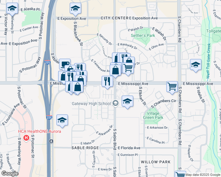 map of restaurants, bars, coffee shops, grocery stores, and more near 14462 East Mississippi Avenue in Aurora