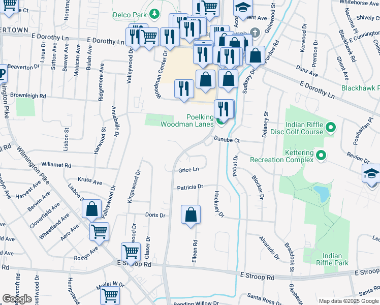 map of restaurants, bars, coffee shops, grocery stores, and more near 3390 Woodman Drive in Dayton