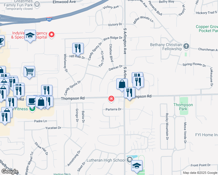 map of restaurants, bars, coffee shops, grocery stores, and more near 5930 Thompson Road in Indianapolis