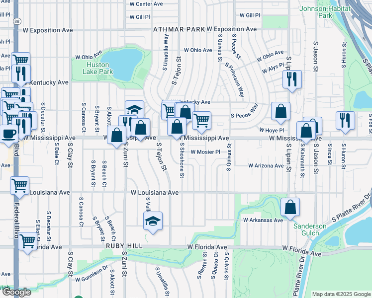 map of restaurants, bars, coffee shops, grocery stores, and more near 1148 South Shoshone Street in Denver