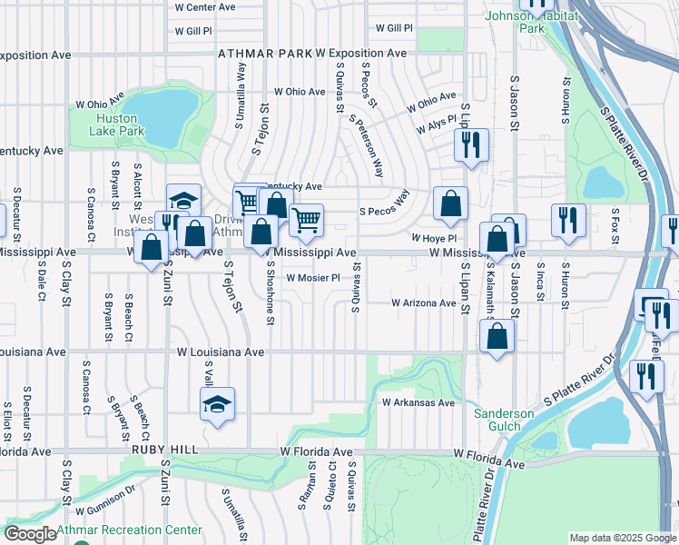 map of restaurants, bars, coffee shops, grocery stores, and more near 1725 West Mosier Place in Denver