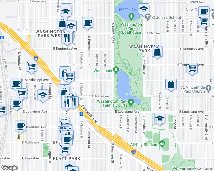 map of restaurants, bars, coffee shops, grocery stores, and more near 1128 South Corona Street in Denver