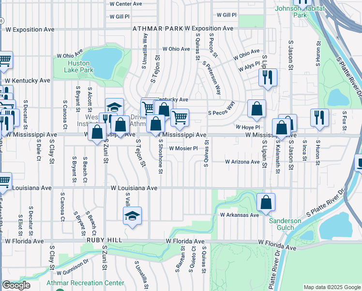 map of restaurants, bars, coffee shops, grocery stores, and more near 1129 South Raritan Street in Denver
