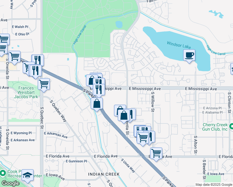 map of restaurants, bars, coffee shops, grocery stores, and more near 1300 South Parker Road in Denver