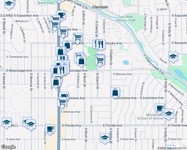map of restaurants, bars, coffee shops, grocery stores, and more near 1150 South Cherry Street in Denver