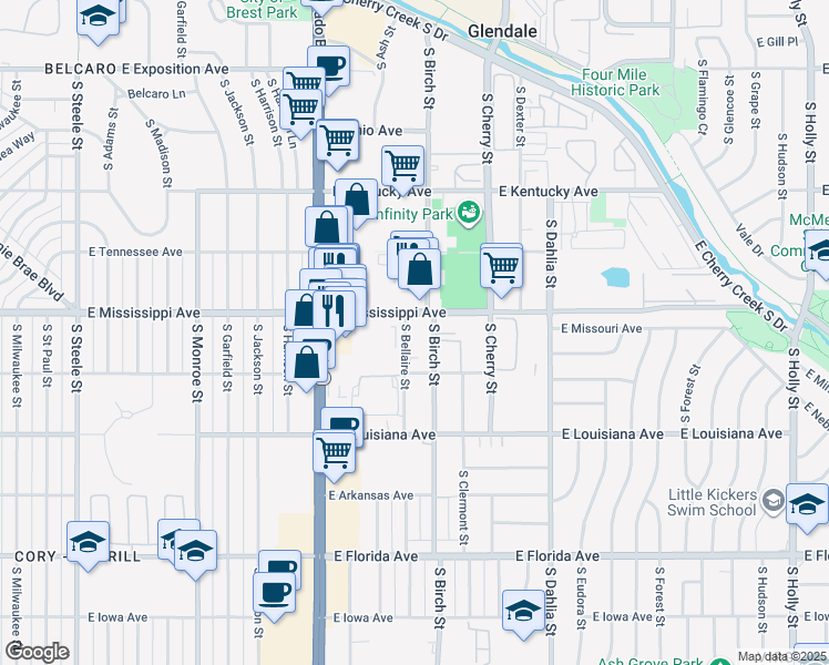 map of restaurants, bars, coffee shops, grocery stores, and more near 1110 South Bellaire Street in Glendale