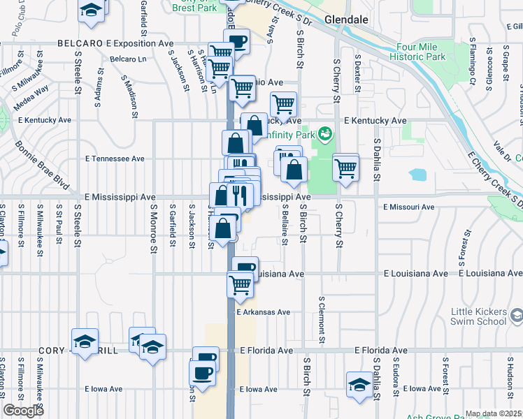 map of restaurants, bars, coffee shops, grocery stores, and more near 4100 East Mississippi Avenue in Denver