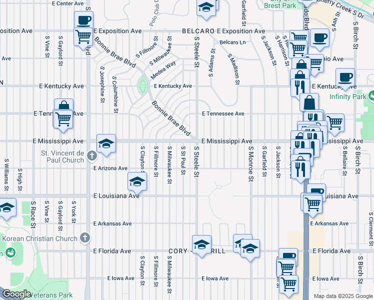 map of restaurants, bars, coffee shops, grocery stores, and more near 1127 South Steele Street in Denver