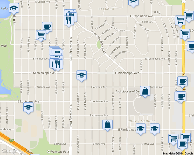 map of restaurants, bars, coffee shops, grocery stores, and more near 1127 South Clayton Street in Denver