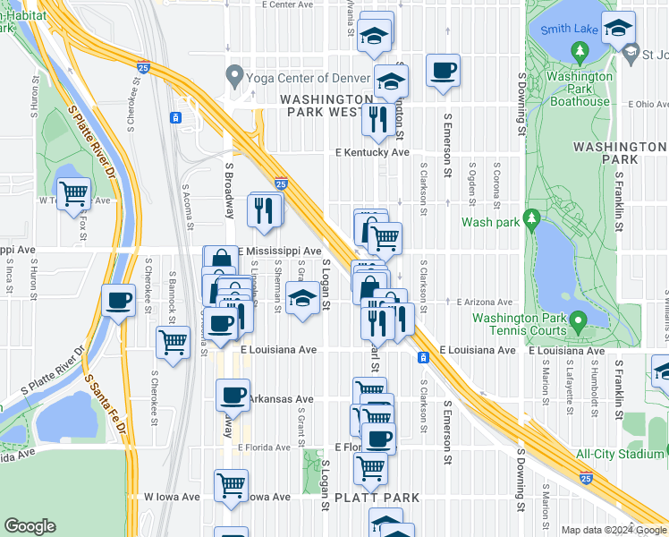 map of restaurants, bars, coffee shops, grocery stores, and more near 1120 South Logan Street in Denver