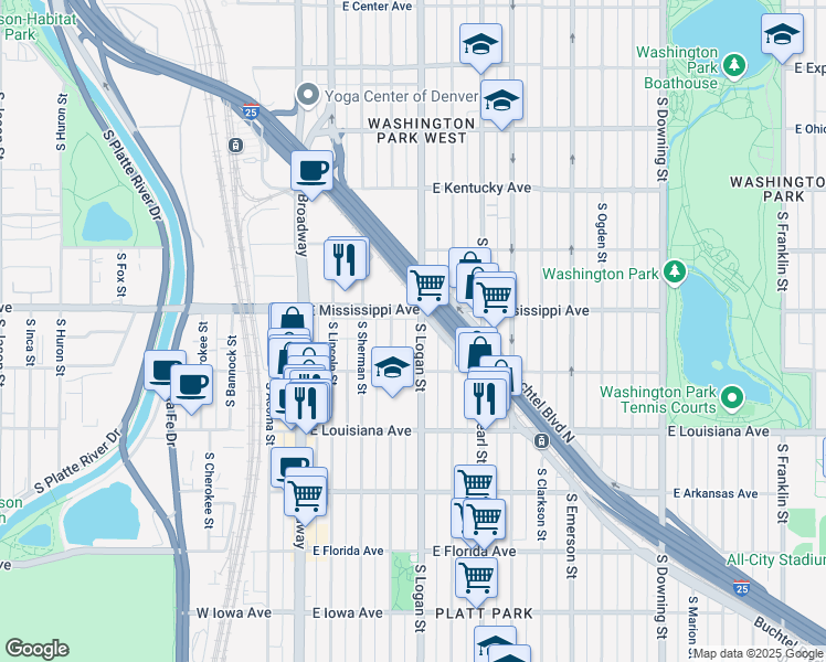 map of restaurants, bars, coffee shops, grocery stores, and more near 1126 South Grant Street in Denver