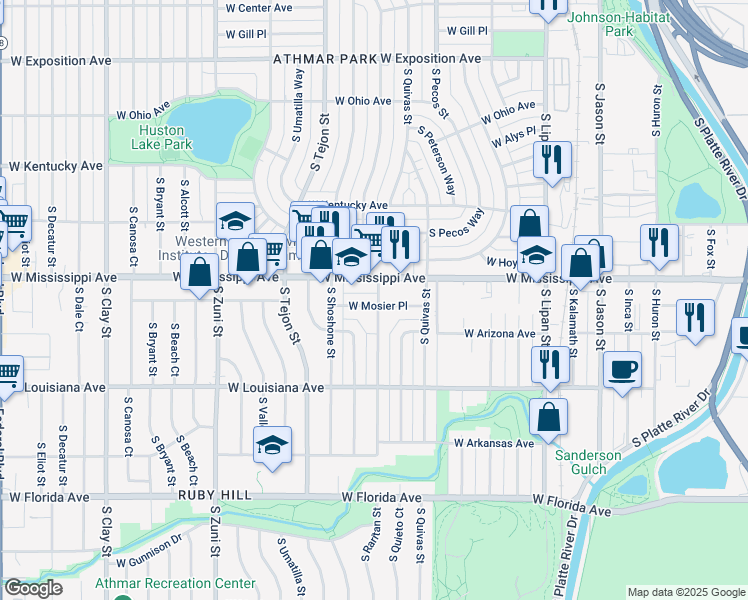 map of restaurants, bars, coffee shops, grocery stores, and more near 1129 South Raritan Street in Denver