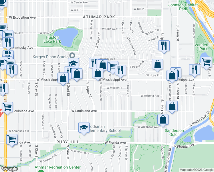 map of restaurants, bars, coffee shops, grocery stores, and more near 1148 South Shoshone Street in Denver