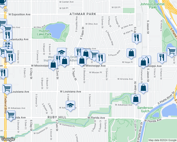 map of restaurants, bars, coffee shops, grocery stores, and more near 1148 South Shoshone Street in Denver