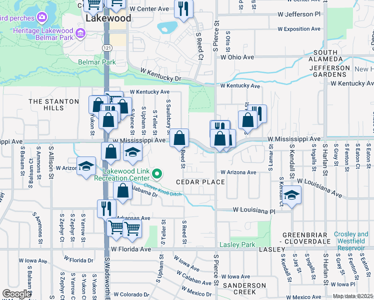 map of restaurants, bars, coffee shops, grocery stores, and more near 1120 South Reed Street in Lakewood