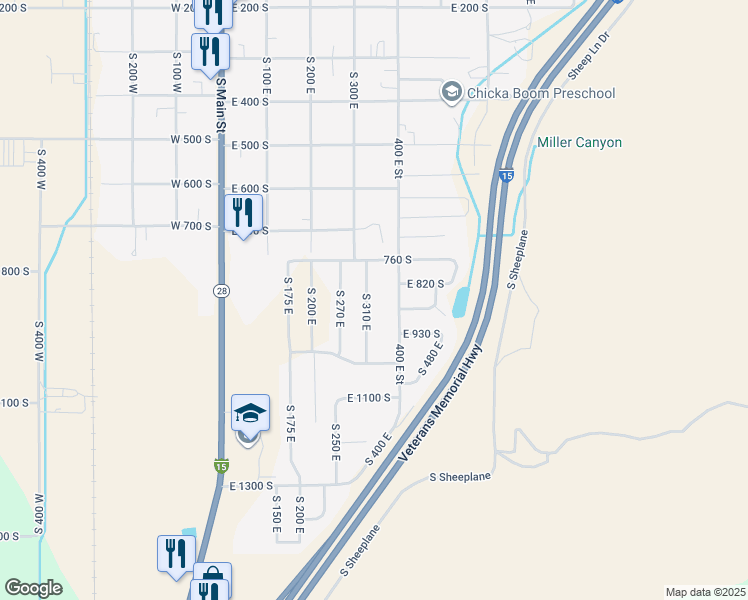 map of restaurants, bars, coffee shops, grocery stores, and more near 857 South 310 East in Nephi