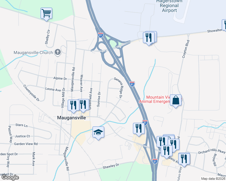 map of restaurants, bars, coffee shops, grocery stores, and more near 18111 Boxford Lane in Hagerstown