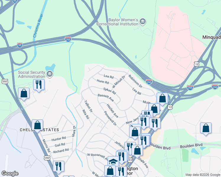 map of restaurants, bars, coffee shops, grocery stores, and more near 220 Sykes Road in Wilmington Manor