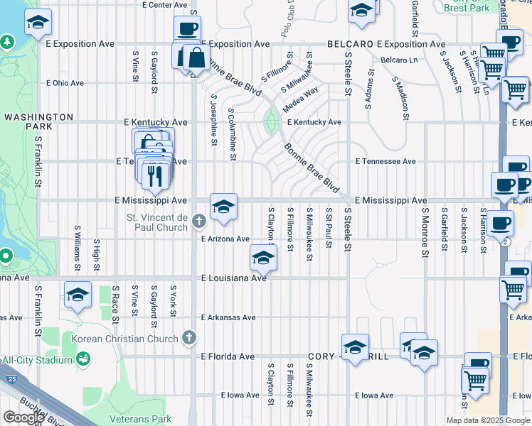 map of restaurants, bars, coffee shops, grocery stores, and more near 1127 South Clayton Street in Denver
