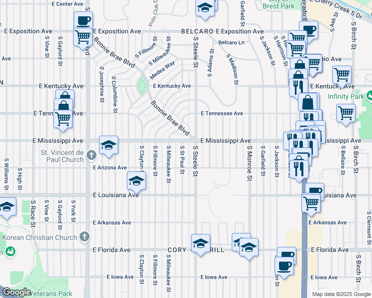 map of restaurants, bars, coffee shops, grocery stores, and more near 1127 South Steele Street in Denver
