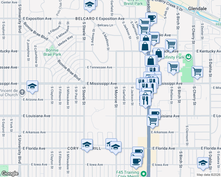 map of restaurants, bars, coffee shops, grocery stores, and more near 1130 South Madison Street in Denver