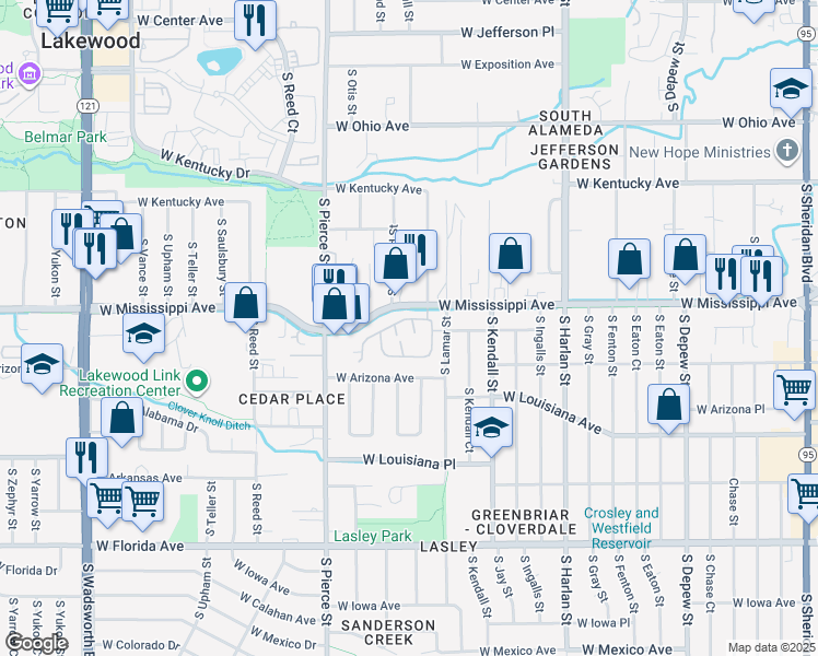 map of restaurants, bars, coffee shops, grocery stores, and more near 1143 South Newland Place in Lakewood