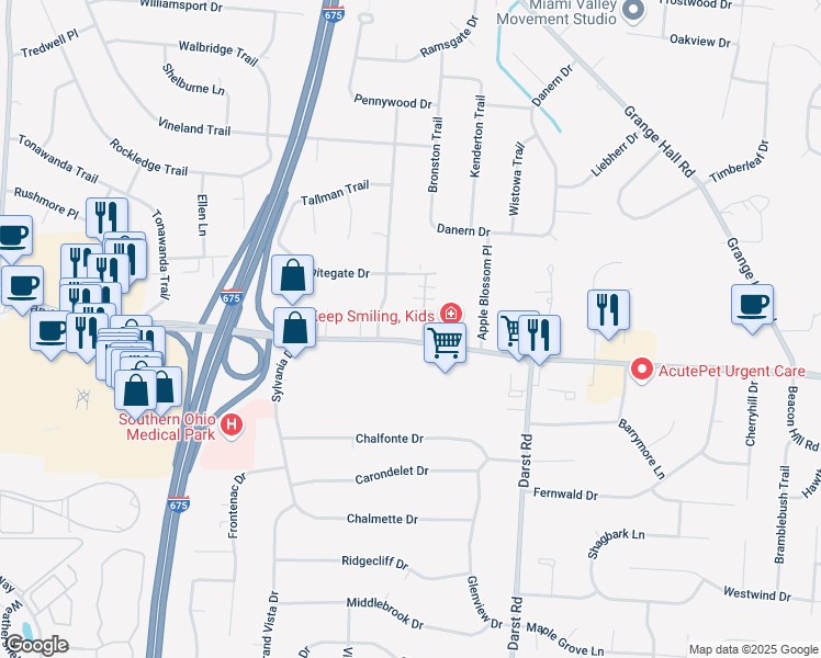 map of restaurants, bars, coffee shops, grocery stores, and more near 43 Aberdeen Village Drive in Beavercreek