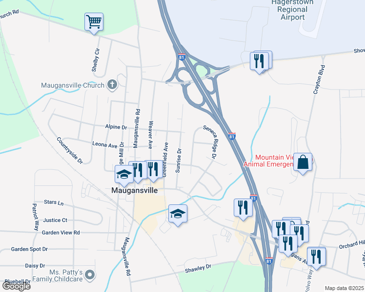 map of restaurants, bars, coffee shops, grocery stores, and more near 13843 Sunrise Drive in Hagerstown
