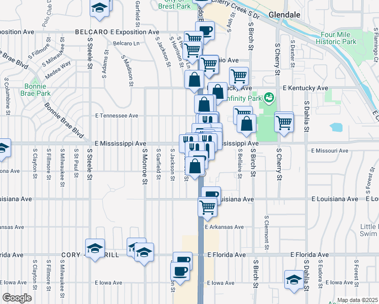 map of restaurants, bars, coffee shops, grocery stores, and more near 1130 South Harrison Street in Denver