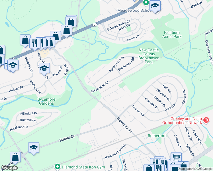 map of restaurants, bars, coffee shops, grocery stores, and more near 11 Greenridge Road in Newark