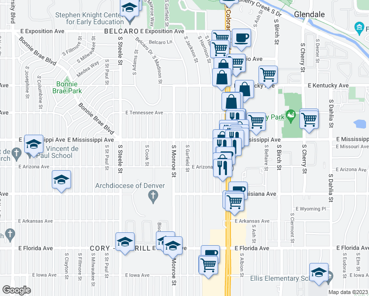 map of restaurants, bars, coffee shops, grocery stores, and more near 1125 South Garfield Street in Denver