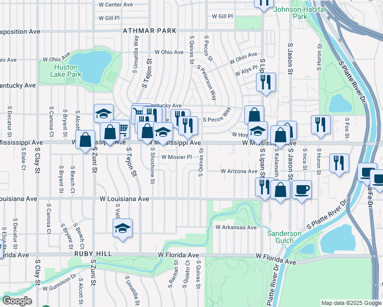 map of restaurants, bars, coffee shops, grocery stores, and more near 1725 West Mosier Place in Denver