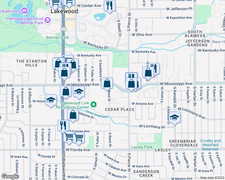 map of restaurants, bars, coffee shops, grocery stores, and more near 1120 South Reed Street in Lakewood