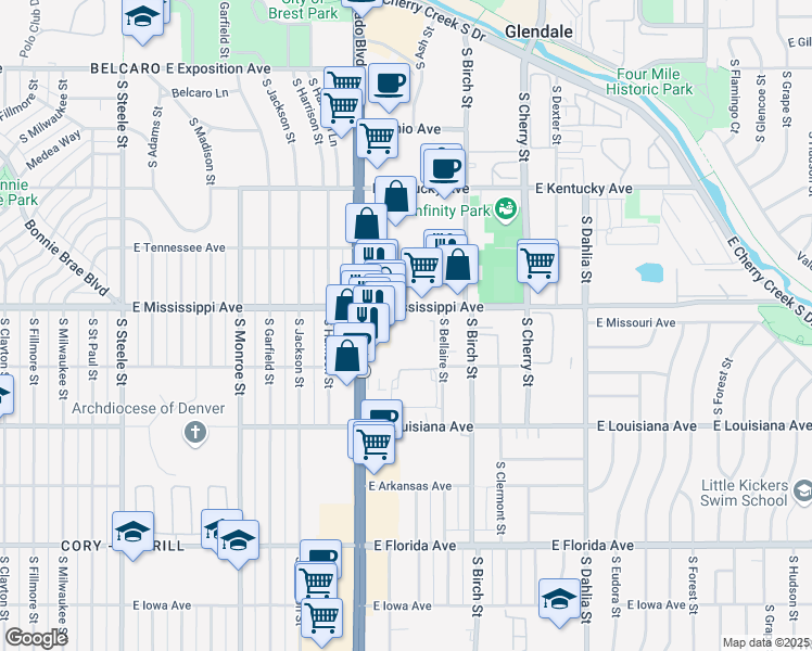 map of restaurants, bars, coffee shops, grocery stores, and more near 4100 East Mississippi Avenue in Denver